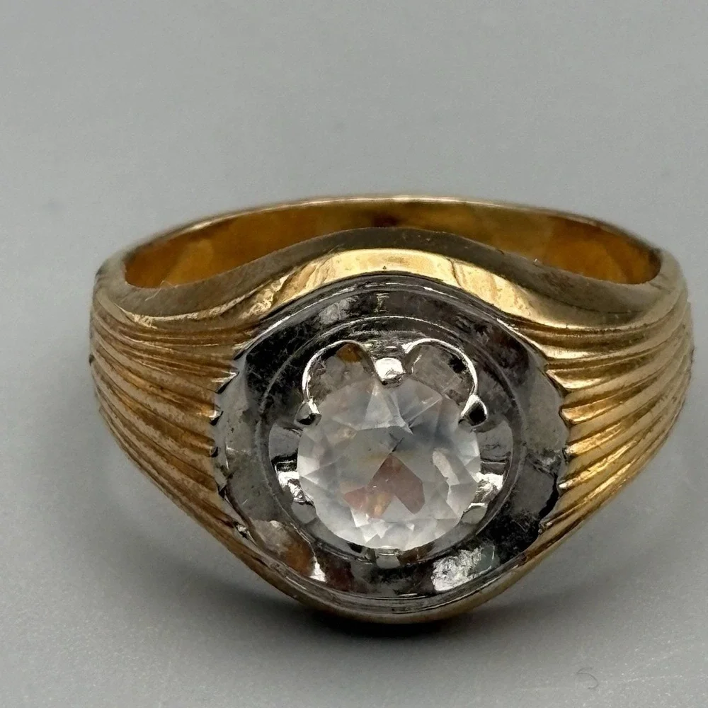 Vintage Mens 10k Gold Filled Ring Clear Stone 12.75 MCM Bold Statement 7.95g